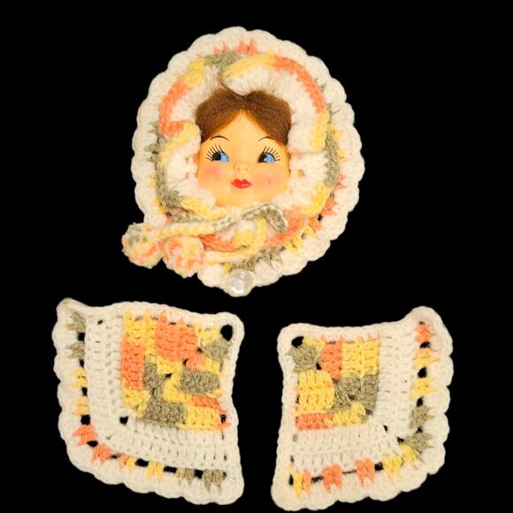 Vintage Orange & Yellow Granny Square Crochet Pot Holder Doll Set – 3 Pc Kitchen - Picture 3 of 3